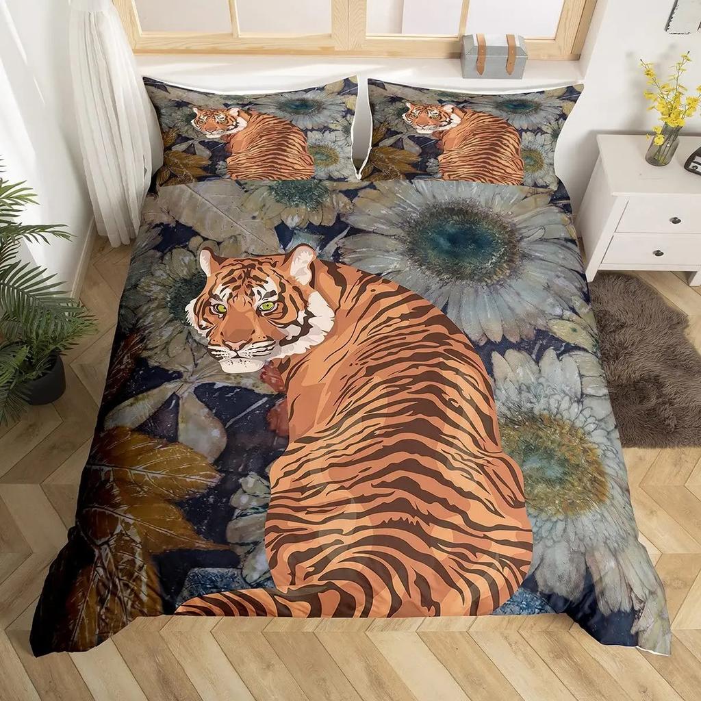 New Tiger Bedding Set Red Rose Flower Africa Big Cat Comforter Cover Set Animal Themed 2-3Pcs Queen Size Duvet Cover Set