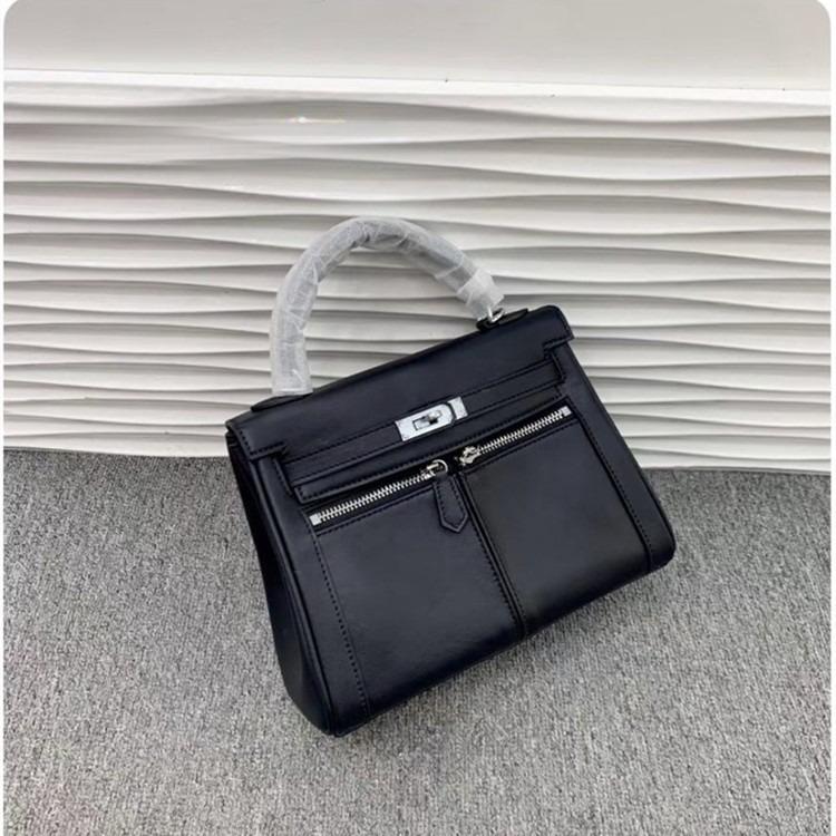 New first-layer cowhide KL bag women's double pocket capacity large handbag commuter shoulder messenger bag