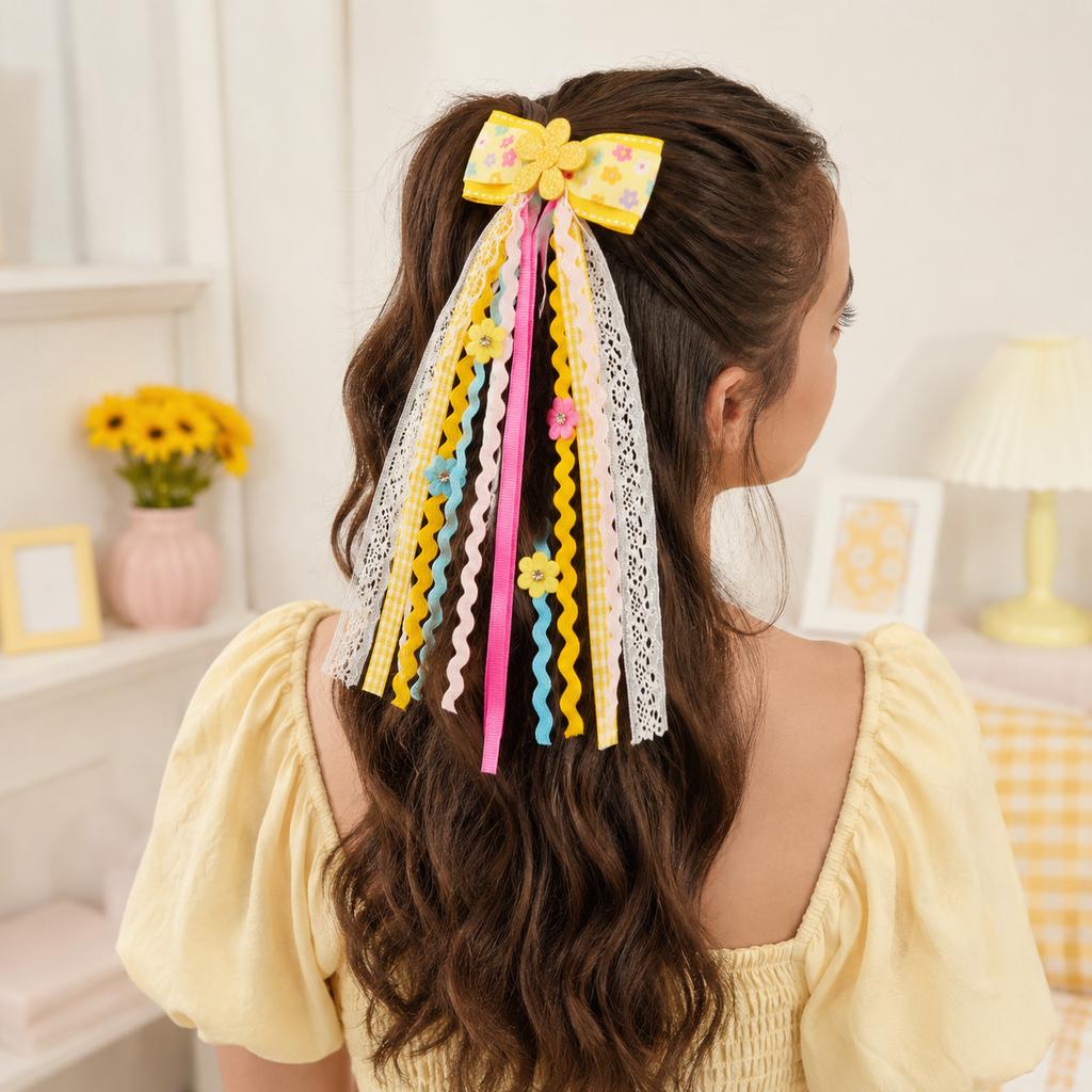 Lovely Rainbow Ribbon Bow Hair Clip Long Tassel Streamer Floral Lace Gingham Hair Barrettes for Kids Girls Cute Hairpins