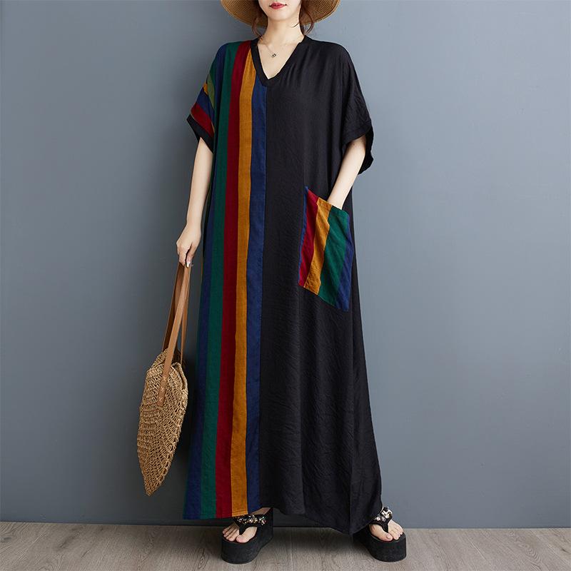 Sommer Dünne Baumwolle Leinen Druck Schlankmachendes V-Ausschnitt Kurzarm Kontrastierende Spleißung Schwarz Langes Kleid für Damen