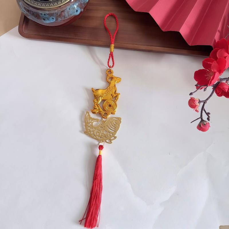 Chinese  Year 2027 Goat Hanging Ornaments Gold Lucky Design Red Tassels For Spring Festival Home Wall Decor