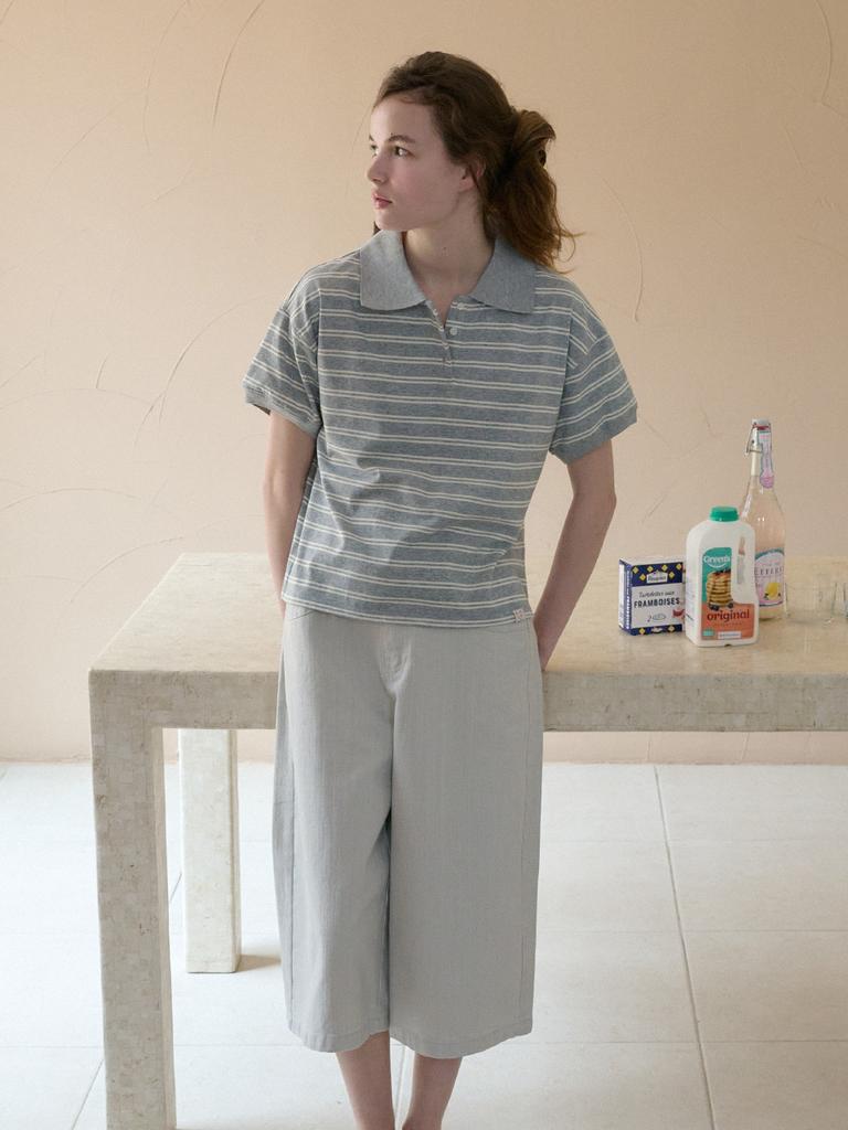 Elssibeui Stripe Polo Collar T-Shirt_Gray