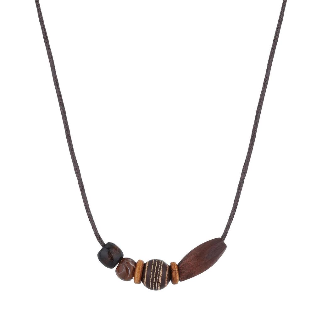 Retro Coffee Pendant Necklace with Wooden Beads - Irregular Long Chain for Women and Men, Chinese Style Fall/Winter Accessory