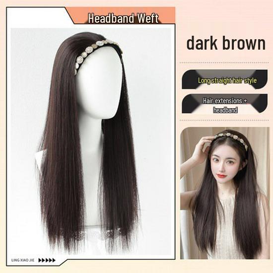 Women's Retro Rhinestone Headband Wig with Long Straight Hair, U-Shaped Half Head Cover