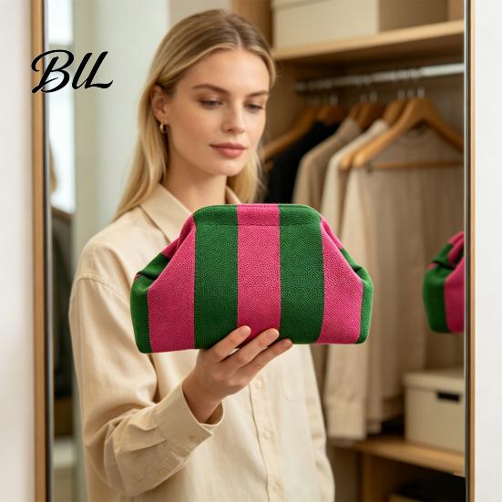 Kiss Lock Clutch Purse Woven Striped for Woman, Large Capacity Cosmetic Pouch, Portable Knit Dumpling Bag, Handbag Evening, Party Toiletry Bag