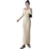 Womens Long Knit Dress V-Neck Slim Fit Midi To Maxi Length Solid Color Office Elegant Style