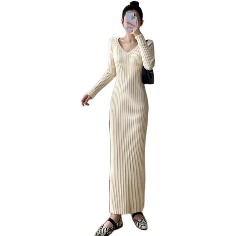 Womens Long Knit Dress V-Neck Slim Fit Midi To Maxi Length Solid Color Office Elegant Style