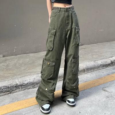 Frühling und Herbst Damen Multi-Pocket Washed Cargohose Einfache lässige Hose mit weitem Bein