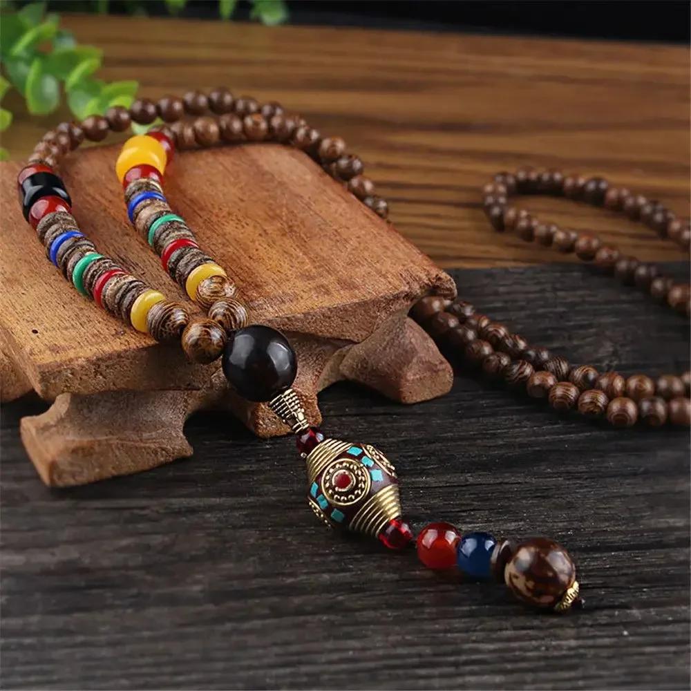 Handmade Nepal Buddhist Mala Bead Pendant Necklace Ethnic Wooden Bead Long Jewelry Gifts For Women