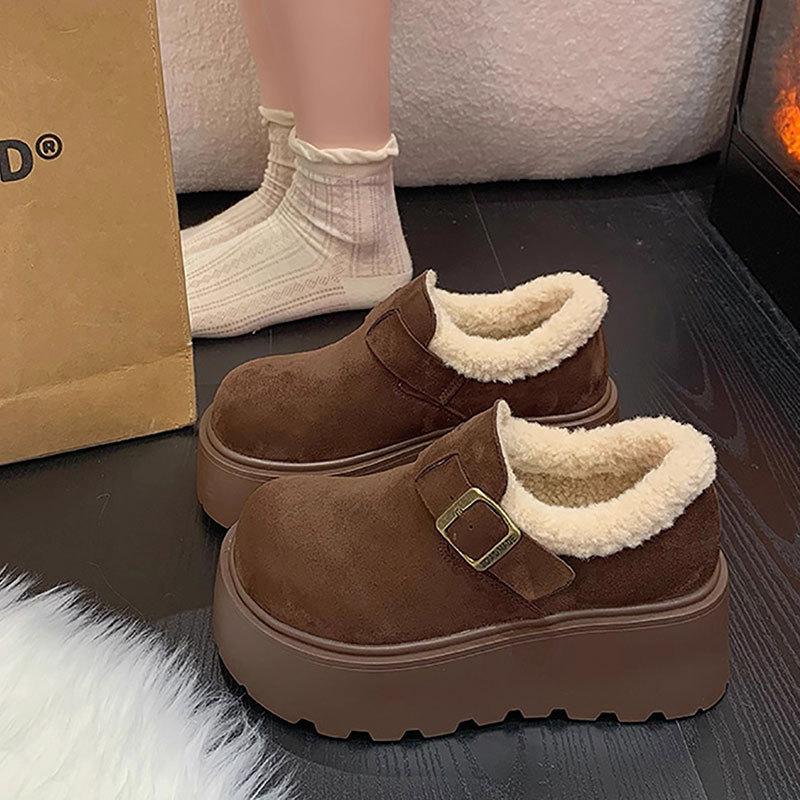 Small Muffin Thick-soled Women's Leather Women's Shoes Autumn and Winter New Velvet Heightening One-pedal Loafer Cotton Shoes