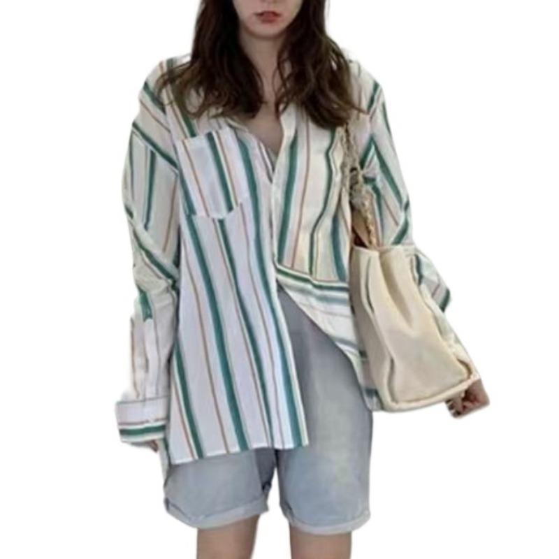 Striped Women's Shirt Turndown Collar Single Breasted Contrasting Color Pocket Ladies Blouse Spring Casual Daily Famale Loose Front Open Top