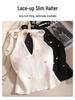 Stunning Slim-Fit French Beadwork Halter Tank Top with Beautiful Off-Shoulder Back Design for Women