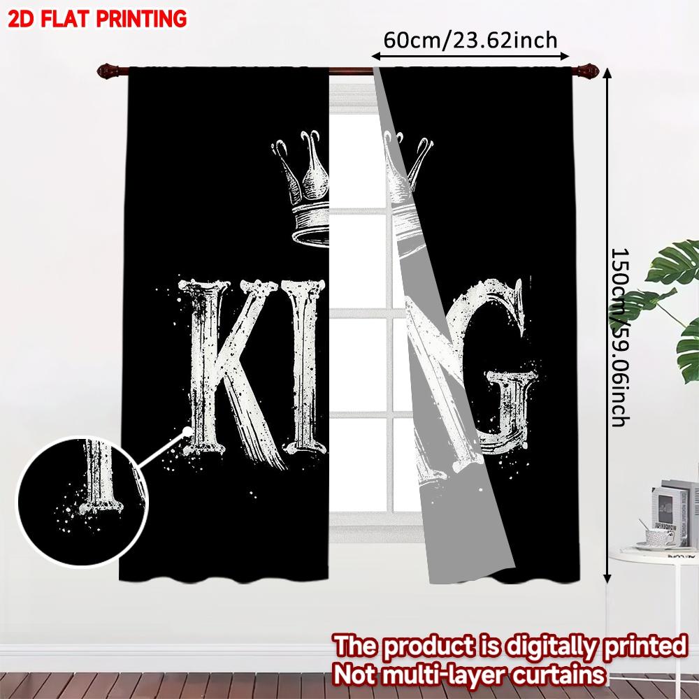 Set Of 2 Modern King Crown Black White Curtains Digital Printing Bold Letter Pattern Monarch Symbol Living Room Bedroom Curtain Polyester Perfect For