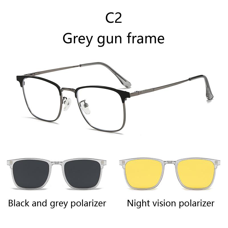 Modische Metall-Halbrahmen Drei-in-Eins Modebrille Business Flache Brille Blaulichtfilter Mit Polarisationsclips Nachtsicht