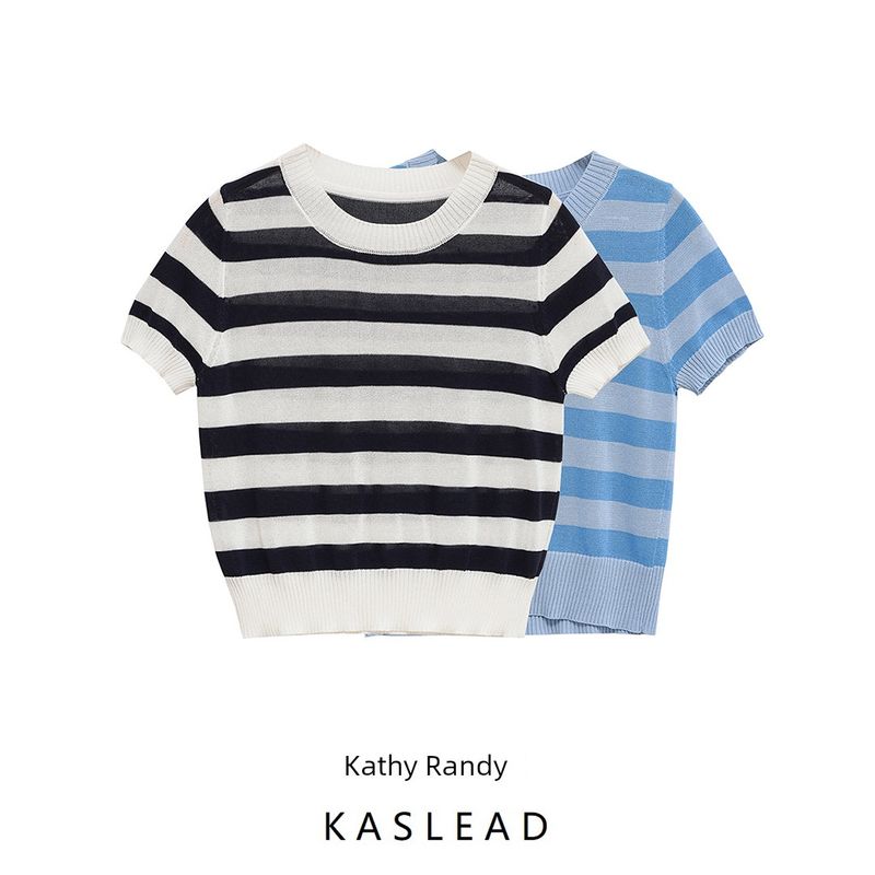 Kaslead New Arrival Women's Clothing Fashion Style Fashion Simple Knitting Stripes Short Sleeve Tops 2142079