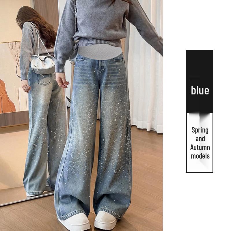 2026 Rhinestone Starry Sky Blue Denim Wide Leg Maternity Pants M