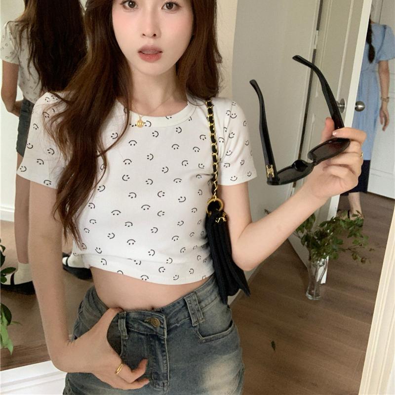 Moda coreana gris blanco Camisetas de mujer verano manga corta cuello redondo casual ajustadas estampado gráfico camiseta corta para mujer y2k Tops Ropa