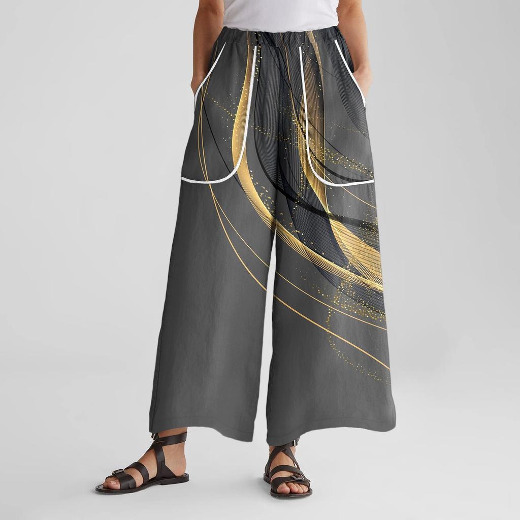 Women's Wide Leg Pants With Elastic Waistband, Retro Printed Large Pockets, Patchwork Loose Pants