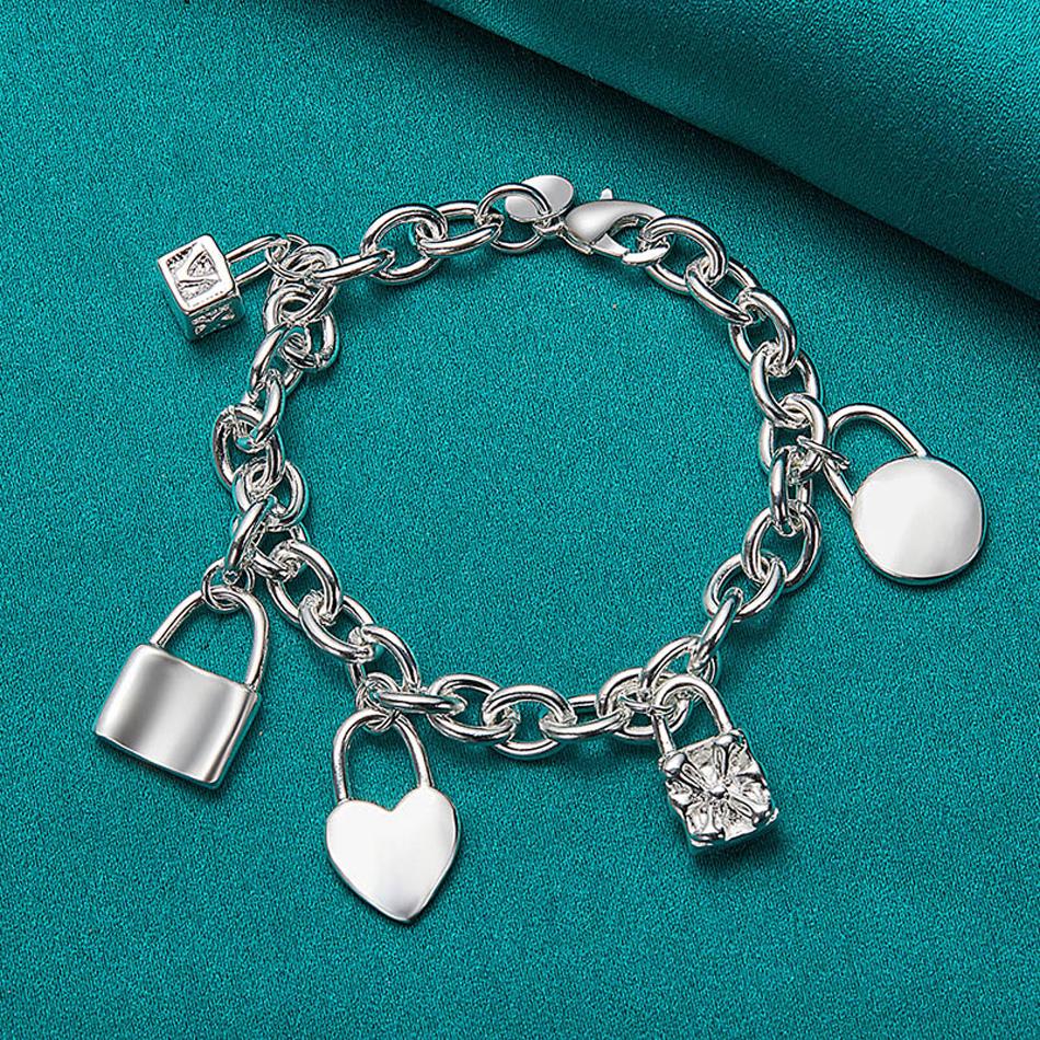 925 Sterling Silver Lock Pendant Bracelets For Women Men Wedding Party Fashion Jewelry