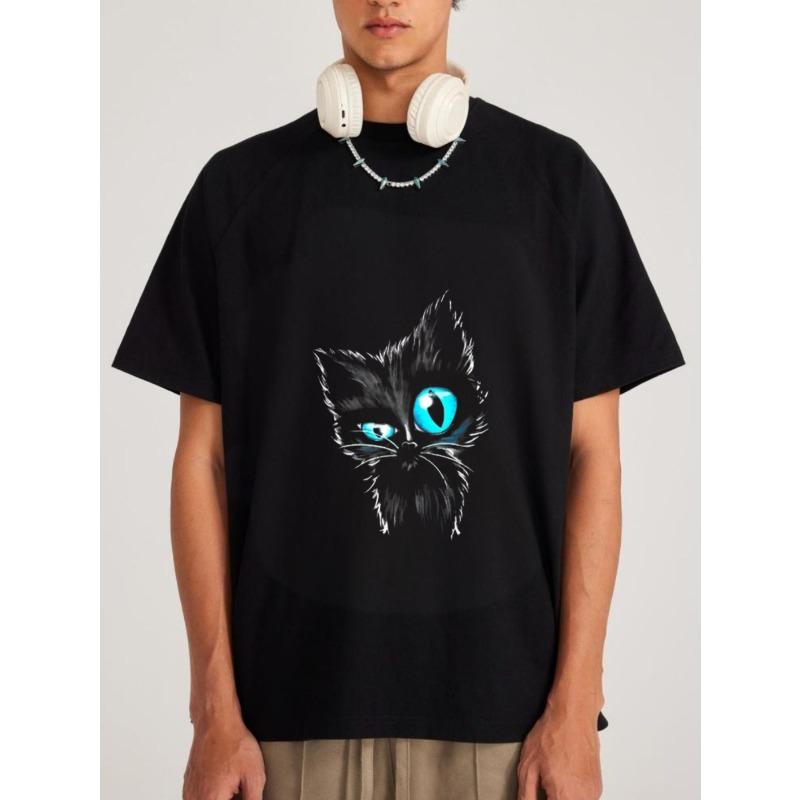 

White T-Shirt with Cat Face Print for Casual Wear XXXXL чёрный