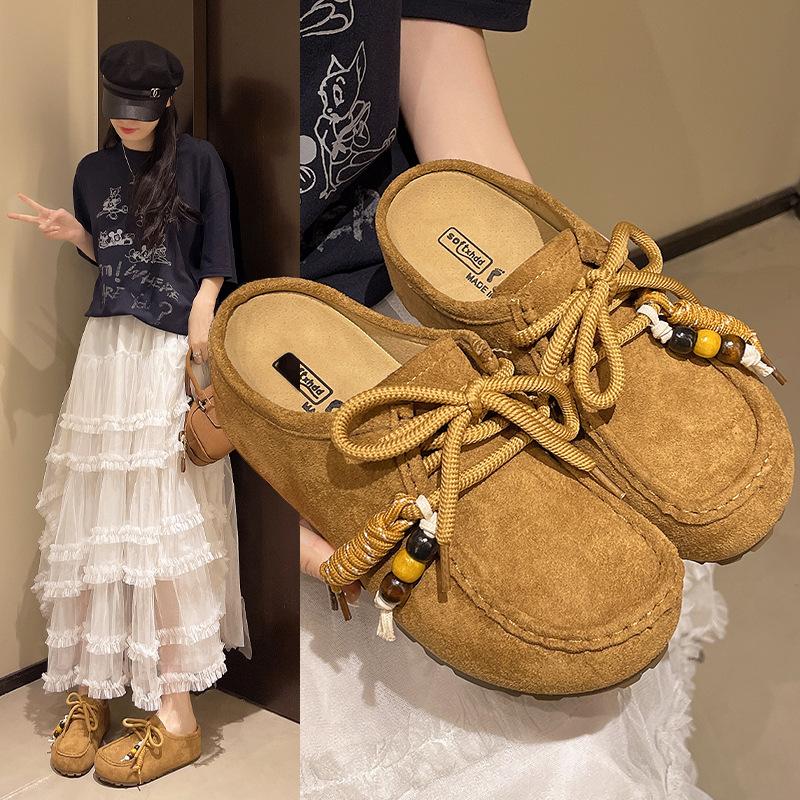 Retro Beaded Bag Head Boken Half Slippers Women's 2025 New One-pedal Thick-soled Literary Mori Versatile Muller Shoes