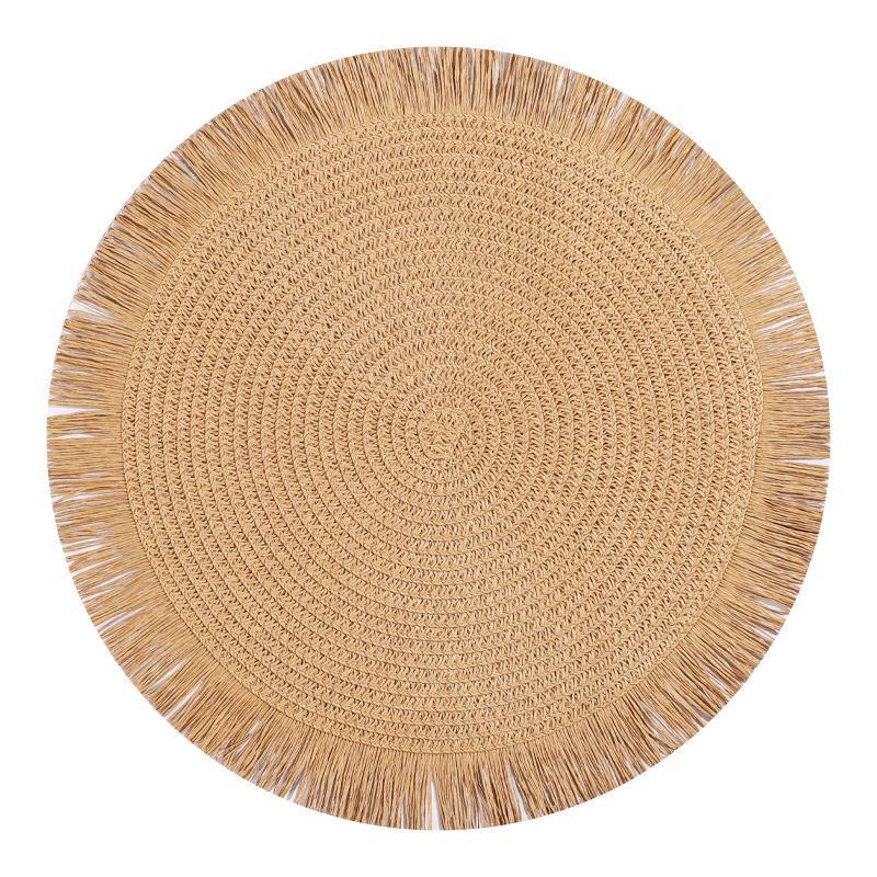 Woven Rattan Round Placemat Handmade Fringe Edge Heat Resistant For Home Dining Table Party Decor