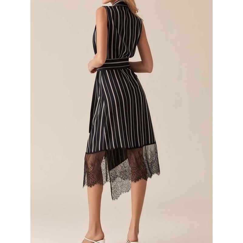 Foreign Trade Autumn New Sleeveless Versatile Personality Lapel Stripe Lace Stitching Slimming Breasted Dress With Belt