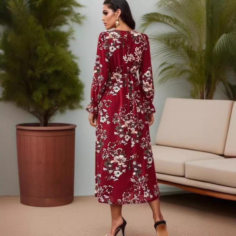 Women Vintage Print Long Sleeve Loose Round Neck A Line Long Dress