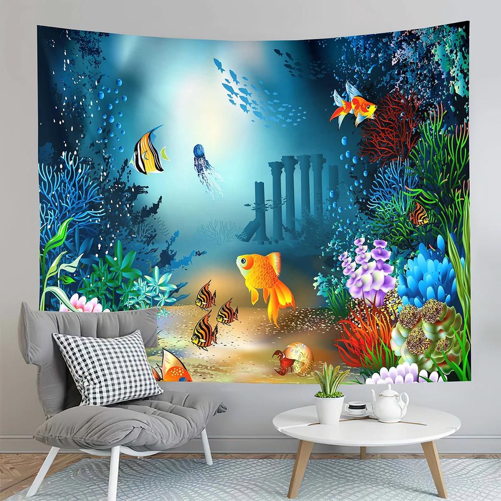 Undersea World Tapestry Tropical Fish Tapestry Ocean Animals Tapestry Art Wall Hanging Home Living Room Bedroom Dorm Tapestries