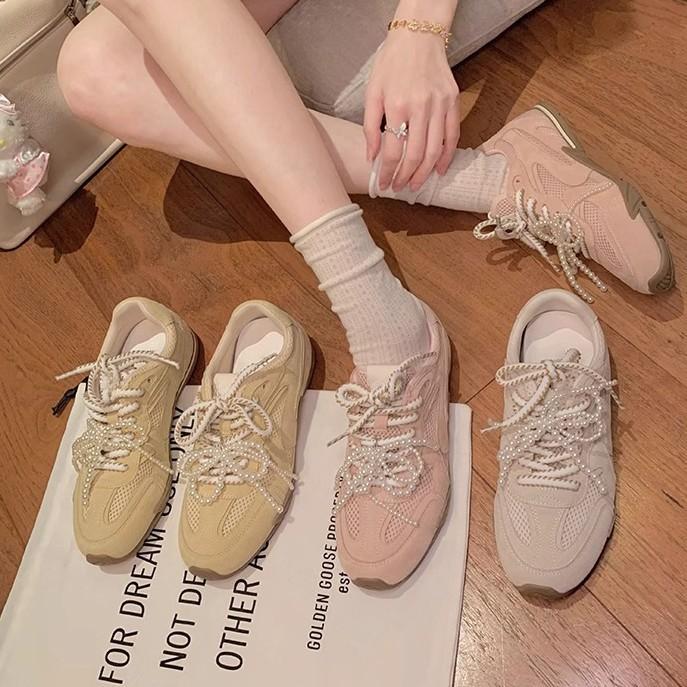 2025 spring new platform sports shoes comfortable soft sole breathable dad shoes pearl lace-up silver casual women's shoes
