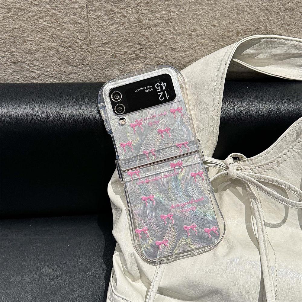 Korean Cute Bowknot Phone Case For Samsung Z Flip 6 5 4 3 Cover with Chain Clear Hinge Cases for Galaxy Z Flip5 Flip6 Flip4 Capa