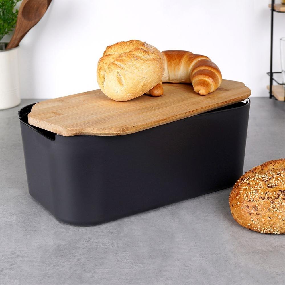 Black Bread Bin with Bamboo Lid 33cm