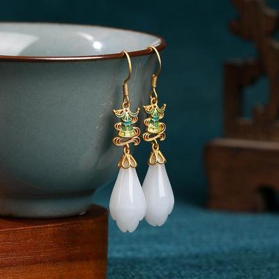 Elegant Chinese Court Style 925 Sterling Silver Earrings with Imitation Jade for Qipao and Hanfu