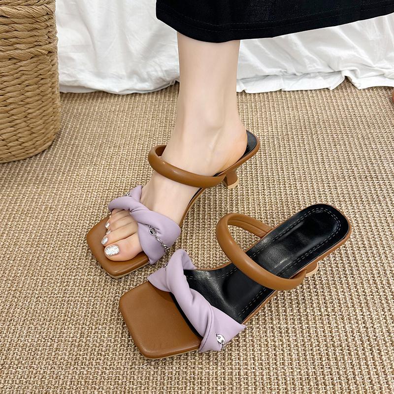 Fashion Square Toe Slippers Women High Heels Sandals Shoes 2025 Trend Summer Dress Open Toe New Casual Pumps Chunky Sandalias De Mujer