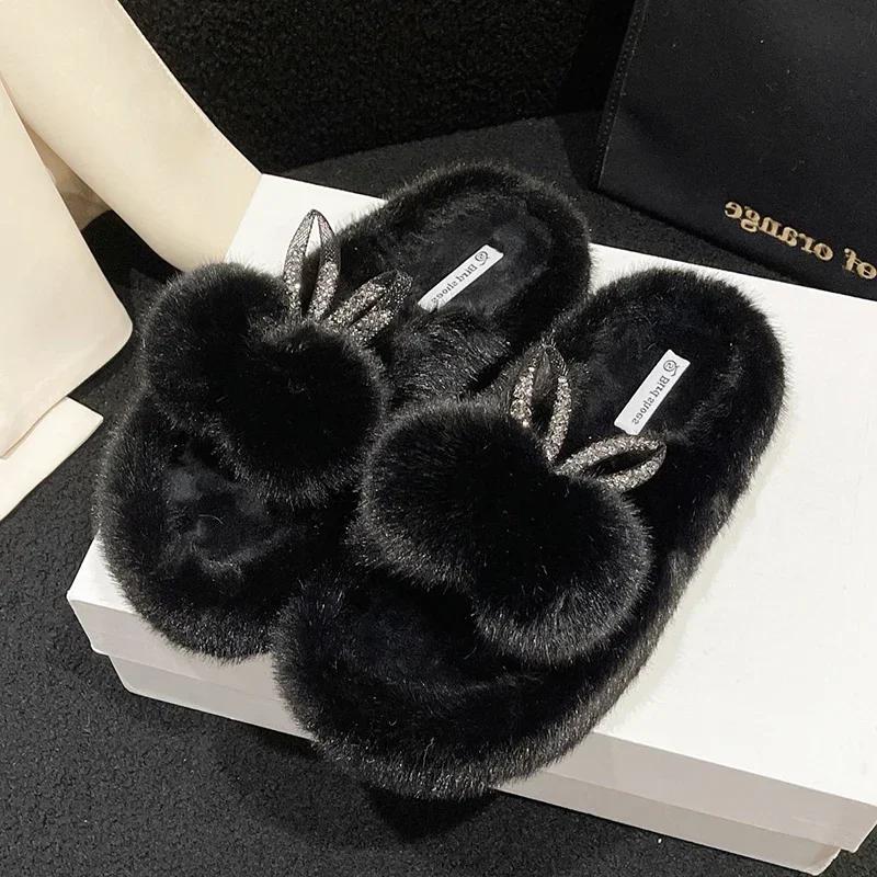

Зимние пушистые тапочки женские домашние меховые тапочки 2024 новые домашние тапочки женские плоские удобные пушистые шлепанцы нескользящая подошва 40 чёрный