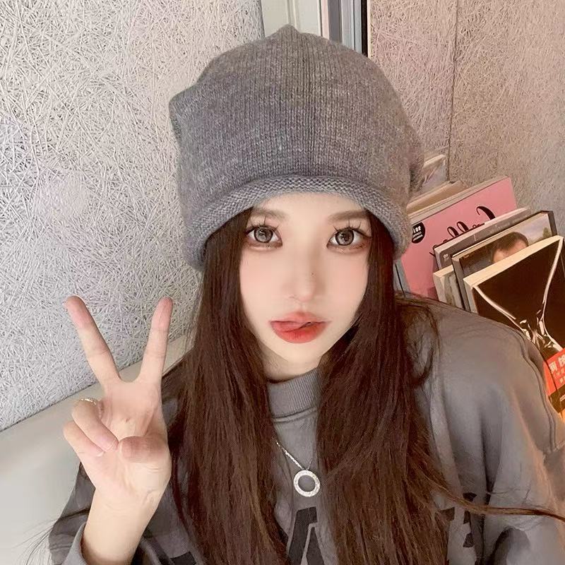 Autumn and Winter New Drawstring Checkerboard Knitted Wool Hat Women's Stacking Hat Big Head Circumference Versatile Bag Head Cold Hat