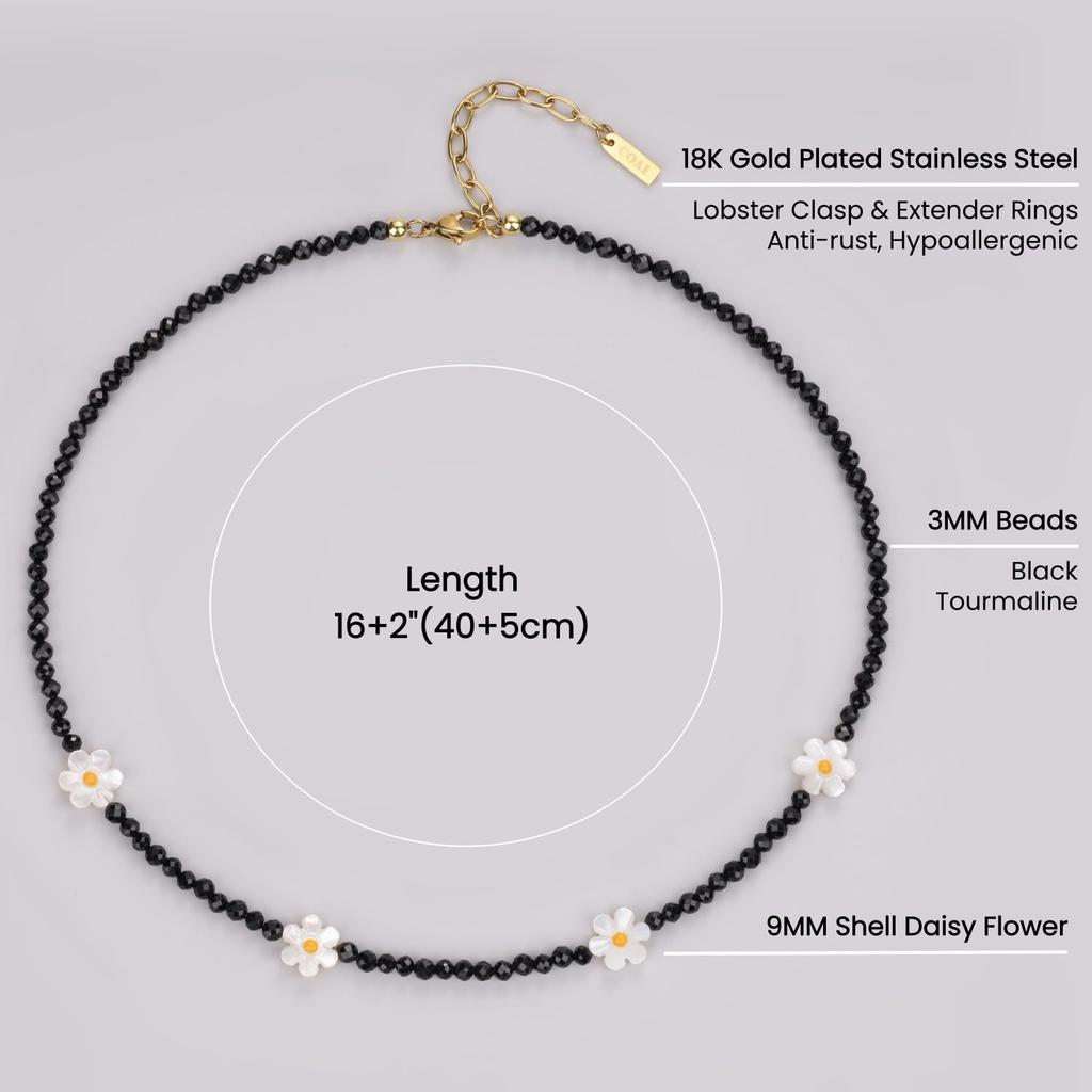 3mm Black Tourmaline Shell Daisy October Lucky Charm Necklace for Women [KOAI] Necklace, Birthstone,