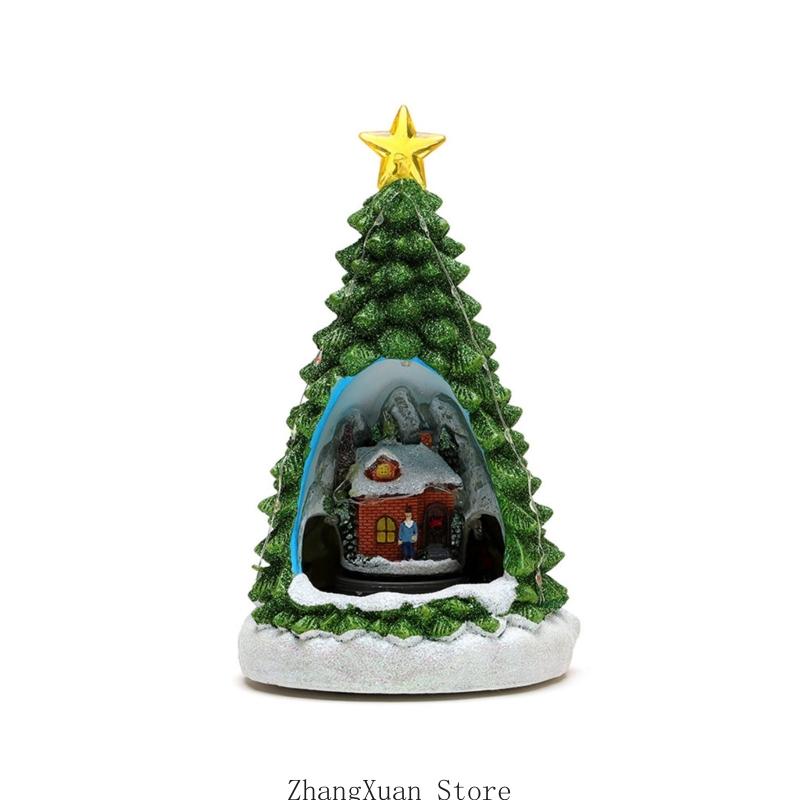 3XUF Christmas Toy Musical Box Christmas Tree House Resin Music Box with Train LED Light For Men Women Kid Christmas Present