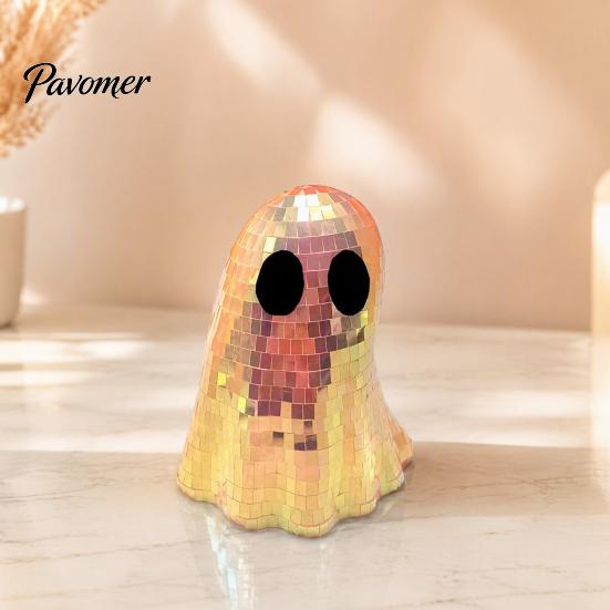 Reflective Mosaic Art Disco Ghost Tabletop Ornament, Iridescent Mirror Figurine, Retro Holiday Atmosphere Ornament Halloween Party Decor, Cute Spooky