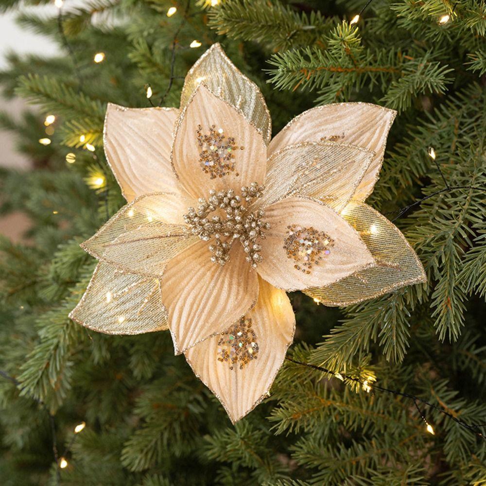 Fabric Plastic Christmas Artificial Flowers 25CM Glitter Fake Flower  Christmas Decor