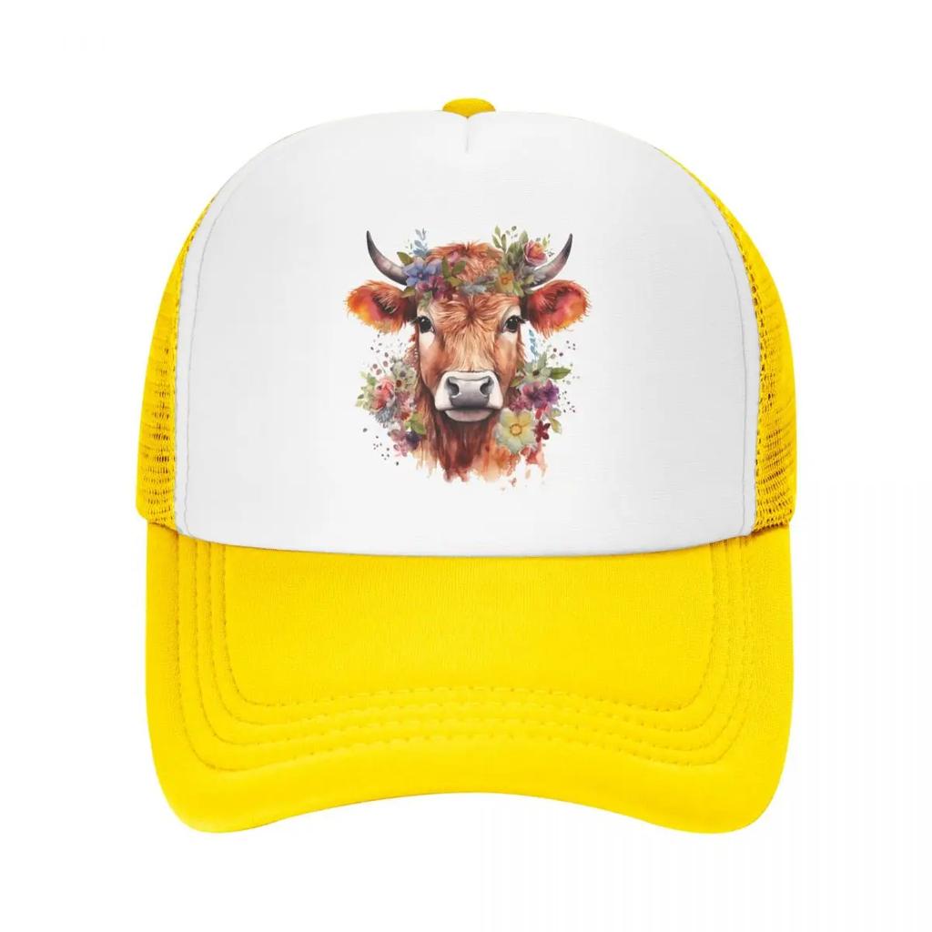 Custom Fashion Highland Cow And Flower Baseball Cap Women Unisex Breathable Trucker Hat PerforUnisexce Snapback Caps