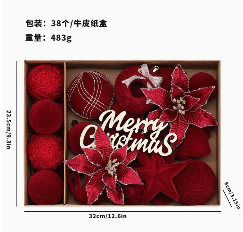 New Arrival Christmas Decorations Ins European-style Flocked Christmas Flowers Christmas Ball Set Christmas Tree Ornaments 34*25*10cm красный