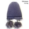 New Fashion Women's Fur Hat Fluffy Furry 2 Balls Knitted Natural Real Fox Fur Bomber Hats Warm Trapper Hat