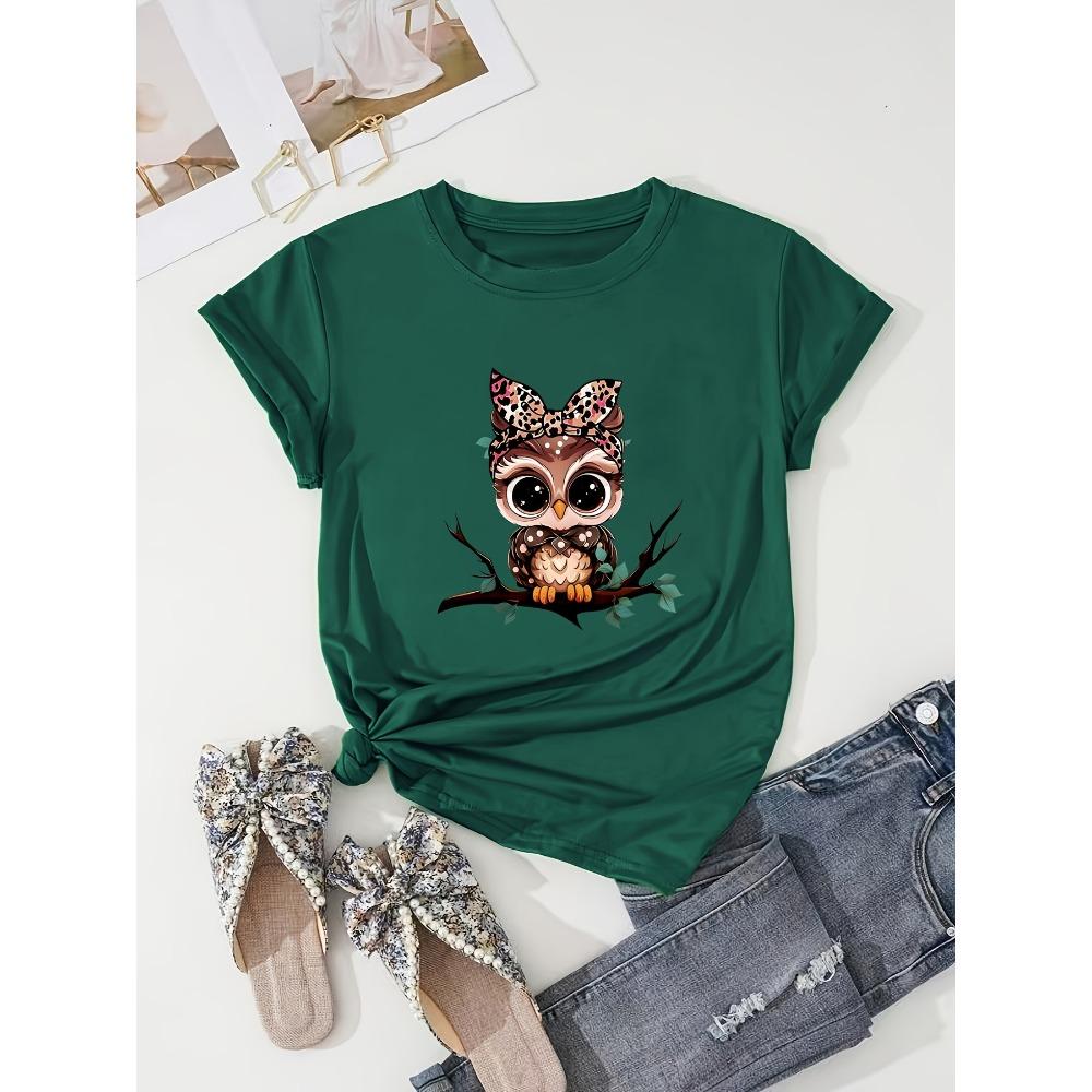 Women Cotton Short Sleeves T-shirts Leopard Bow Owl Women's Tee Cute Animal Graphic Casual Everyday Top