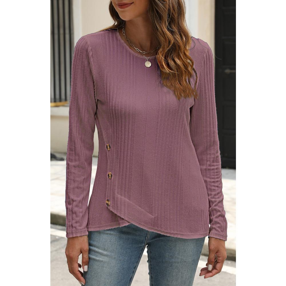 GMXIA Women's Fall Winter Pit Strip Wool Button Long Sleeve T-shirt Top
