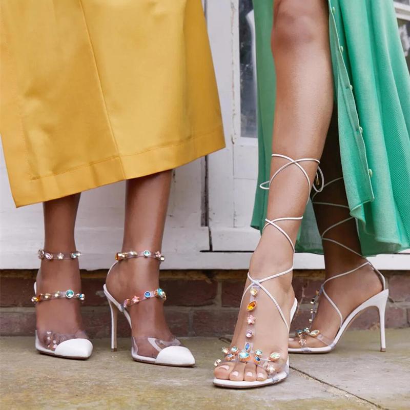 Liyke Sexy Red Ankle Strap Sandals For Women Crystal Rivet Pvc Transparent Summer High Heels Party Prom Shoes Square Toe Sandal