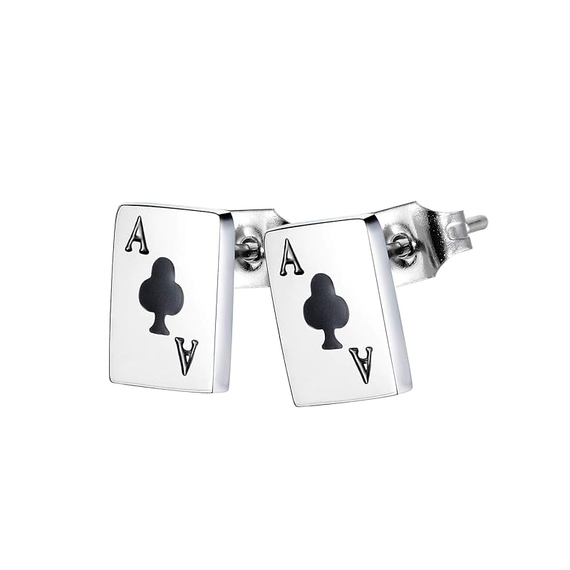 

Rockyu earrings ladies titanium black silver playing cards earrings club plate stud earrings simple accessories