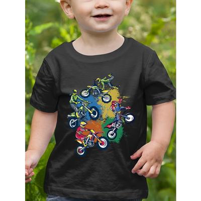 European Sizes A Motorcycle Graffiti Print T-Shirt, a Lightweight Top Suitable for Gender-Neutral Toddlers' Summer Clothing