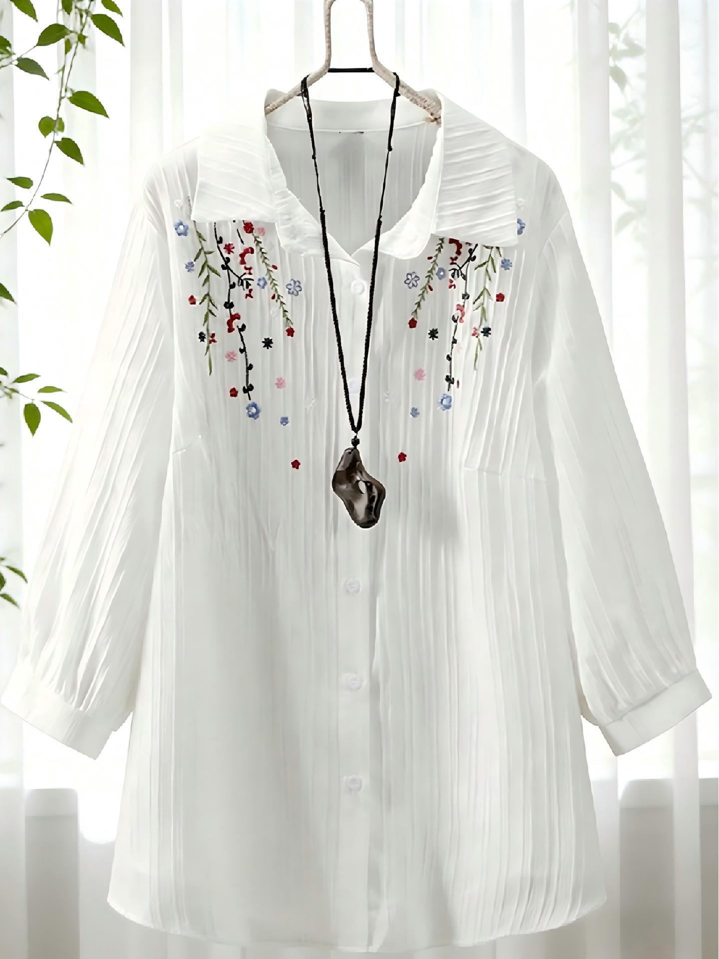 Plus Size Middle Eastern Floral Embroidered Seven-Sleeve Slimming Textured Shirt 2XL розовый