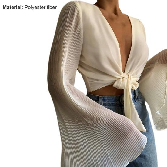 Blouse Lange Wijde Mouw Ademend Vrouwen Diepe V-hals Effen Kleur Tops voor Dagelijks Gebruik